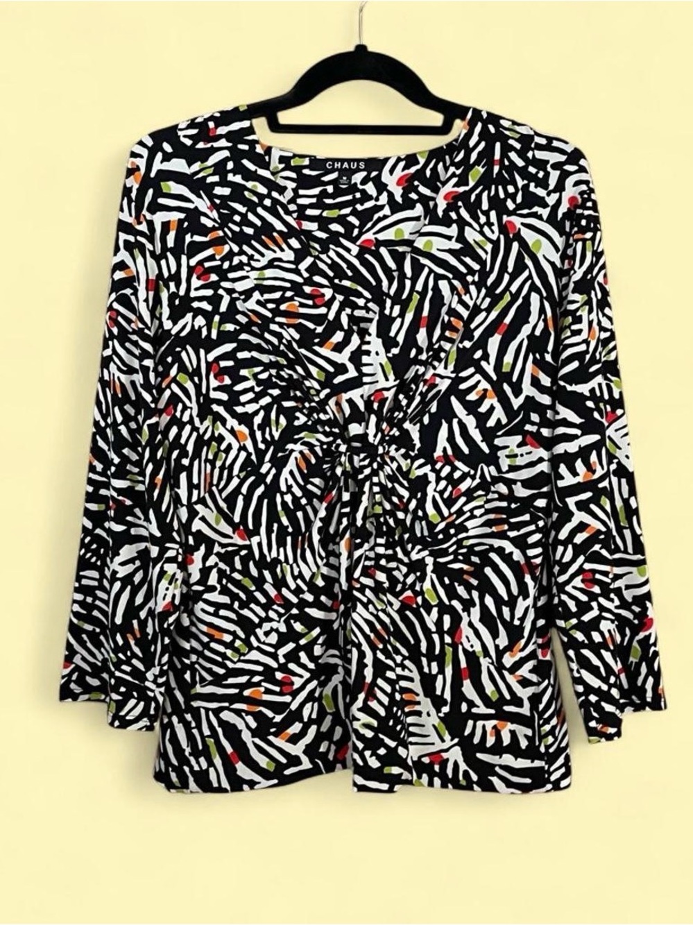 Chaus Black & White Abstract Print Twist Front Top M 3/4 Sleeve Office Siren